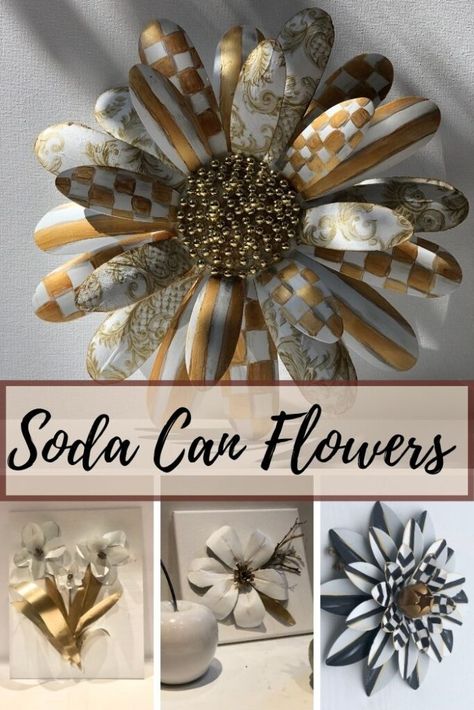 MacKenzie Childs Inspired metal flower. Learn how to turn aluminum soda cans into elegant floral wall decor. Soda can flowers diy. Easy aluminum flowers and home decor diy. Soda Can Flowers Diy, Aluminum Can Flowers, Coke Can Crafts, Crushed Can, Soda Can Flowers, Pop Can Art, Flowers Diy Easy, Pop Can Crafts, Decorative Painting Projects