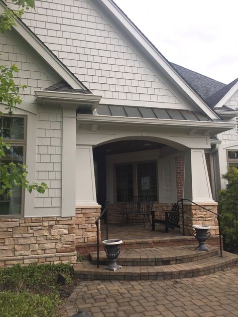 Sw Repose Gray Color Scheme, Sw Agreeable Gray Exterior, Repose Gray Exterior, Brick Floor Tile, Exterior Home Color Schemes, Grey Exterior House Colors, Painted Brick Exteriors, Worldly Gray, Grey Siding