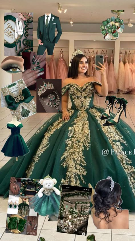 Green And Gold Quinceanera Theme, Quinceanera Inspiration, Emerald Quince, Gold Quinceanera Theme, Quinceanera Dresses Green, Emerald Green Quinceanera Theme, Dream Quinceanera, Green Quinceanera Theme, Emerald Green Quince