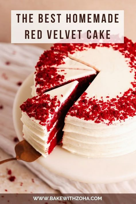 If you’re looking for the perfect red velvet cake recipe, this 3-layer version is for you. Made from scratch with a simple, easy process, this cake is topped with a silky, luscious cream cheese frosting, it's the perfect cake for birthdays or holiday celebrations like Christmas or Valentine's Day. Get the recipe at bakewithzoha.com! Cooked Icing For Red Velvet Cake, Red Velvet Cake With Coffee In It, Homemade Red Velvet Cake Recipe Moist, Red Velvet Cake No Buttermilk, Semi Homemade Red Velvet Cake, Redwellwet Cake, 6 Inch Red Velvet Cake Recipe, Red Velvet From Scratch, Classic Red Velvet Cake