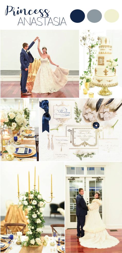 Princess Anastasia Wedding Inspiration - Once Upon a December #princessanastasiawedding #onceuponadecemberwedding #anastasiawedding #navyandgoldwedding #fairytaleprincesswedding #russianprincesswedding Princess Anastasia Romanov, Anastasia Wedding, Fairytale Princess Wedding, Birthday Ideas Themes, Boyne Mountain, Princess Wedding Theme, Russian Princess, Wedding Color Palette Ideas, Disney Fairytale Wedding