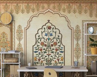 India Interior Design, India Wallpaper, Wallpaper For Home, Mughal Architecture, Thick Wallpaper, Pichwai Paintings, Royal Art, Artwork Ideas, Painted Wall