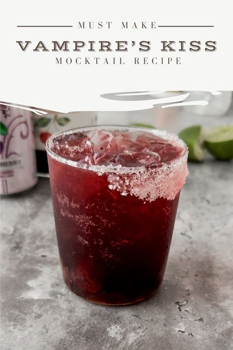 This non-alcoholic Vampire's Kiss mocktail is a great recipe to have on hand for Halloween parties and fall gatherings. The dark cherry juice offers a creepy-cool blood red coloring which is perfect for the season but offers a delicious flavor that everyone in the family can enjoy! mocktails non alcoholic. mocktails. mocktail recipe. mocktails non alcoholic fall. Mocktails Non Alcoholic, Cherry Drink, Vampire Kiss, Red Drinks, Alcohol Free Drinks, Drink Recipes Nonalcoholic, Themed Drinks, Boozy Drinks, Fancy Drinks