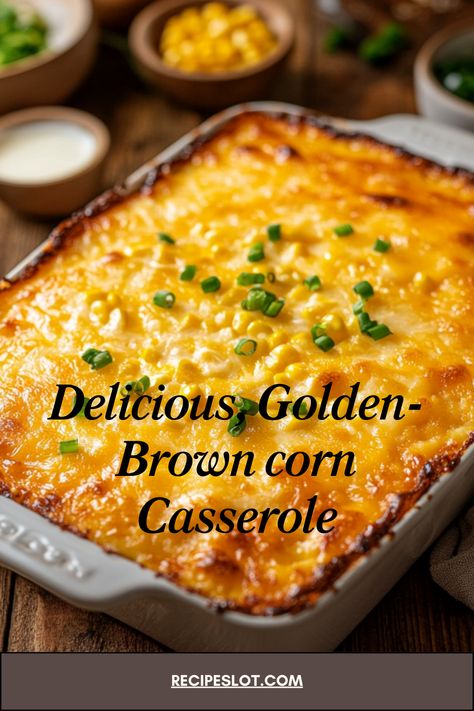 A delicious, golden-brown corn casserole freshly baked in a 9x13-inch dish. The casserole has a crispy, bubbly crust on top, with visible bits of corn, a creamy texture, and hints of melted cheddar cheese. The background shows a rustic kitchen setting with a wooden table, and there are small bowls of ingredients like corn kernels, green onions, and melted butter around the dish. The lighting is warm and inviting, giving a cozy, homemade feel to the dish. Carrot Casserole, Corn Casserole, Corn Kernel, Creamy Texture, Kitchen Sets, Wooden Table, Freshly Baked, Rustic Kitchen, Green Onions