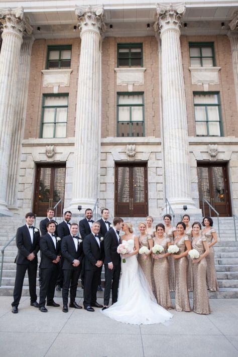 Glamorous Champagne and Blush Downtown Tampa Wedding | The Vault Champagne Wedding Bridal Party, Bridesmaids And Groomsmen Colors Fall Weddings, Big Bridal Party, Champagne Wedding Themes, Gold Wedding Party, Wedding Parties Colors, Wedding Dress Cap Sleeves, Champagne Bridesmaid Dresses, Gold Wedding Dress