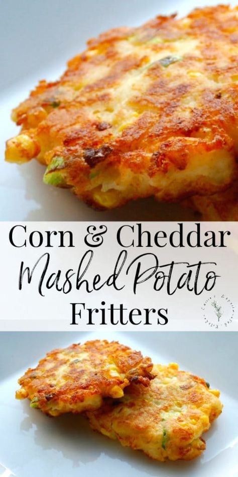 Mashed Potato Fritters, Cheddar Mashed Potatoes, Potato Fritters, Potato Recipes Side Dishes, Corn Fritters, Potato Sides, Fritter Recipes, Potato Cakes, Potato Side Dishes