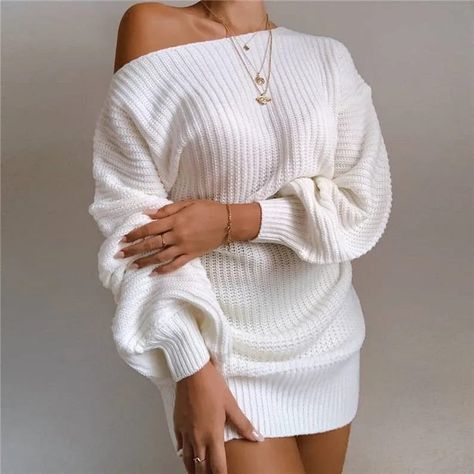 Woolen Dresses, Womens Knit Dresses, Knitted Tops, Off Shoulder Sweater, Knit Mini Dress, Knit Sweater Dress, Lantern Sleeve, Mini Dress With Sleeves, White Mini Dress