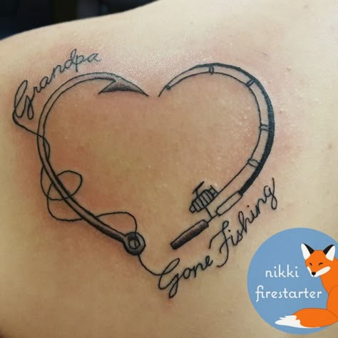 Fishing Pole Tattoo, Fishing Checklist, Pole Tattoo, Fishing Memorial, Dad Memorial Tattoo, Grandpa Tattoo, Hook Tattoo, Fishing Tattoos, Fishing Hook Tattoo