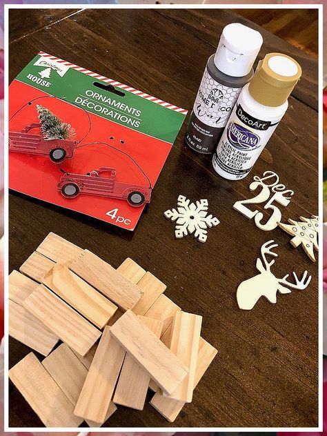 Christmas Decor Diy - Awesome! - Get your tips from the online store. Mini Pallet Christmas Crafts, Christmas Ornaments Made From Jenga Blocks, Best Selling Ornaments, Dollar Tree Mini Pallet Crafts Christmas, Dollar Tree Crafts Christmas Ornaments, Dollar Tree Wood Cutouts Christmas Ornaments, Jenga Ornament Ideas, Farmhouse Christmas Diy Decor, Dollar Tree Jenga Block Ornaments