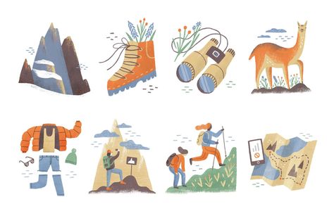 Sweet Spots: Expressing Big Ideas in Small Editorial Illustrations | Tom Froese | Skillshare Tom Sawyer Illustration, Spot Illustration Editorial, Hike Illustration, Travel Editorial Illustration, Tom Froese, Animal Hiking Illustration, Bear Hiking Illustration, Spot Illustration, Patagonia Kids