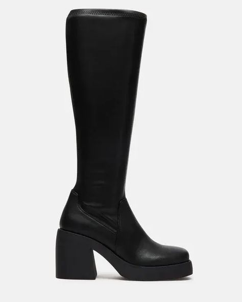 POWERFUL + ESSENTIAL + CONTEMPORARY The BERKLEIGH square toe knee boot gives you a sleek and defined silhouette with a stretch fabric construction and platform sole with a block heel. #stevemadden #blackwidecalfboots #AD Black Wide Calf Platform Boots, Knee Anatomy, Knee High Sock Boots, Wide Calf Knee High Boots, Butterfly Heels, Drawing Anatomy, Bday Wishlist, Fold Over Boots, 18th Bday