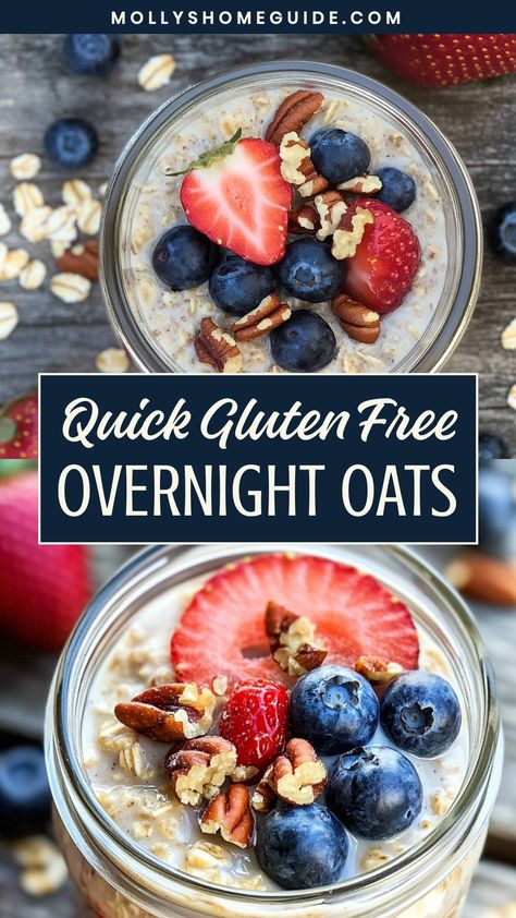 Discover the perfect gluten-free breakfast option with these delicious overnight oats recipes. Make your mornings a breeze by prepping these oats the night before and waking up to a nutritious and filling meal. From classic flavors like cinnamon and berries to indulgent options like chocolate and almond butter, there's a recipe for everyone! Whether you're looking for a quick on-the-go breakfast or something to satisfy your sweet tooth, these gluten-free overnight oats are sure to become a stapl Gluten Free Dairy Free Overnight Oats, Quick Oats Oatmeal Recipes, Overnight Oats Heart Healthy, Layered Overnight Oats, Overnight Oats With Berries, Over Night Oats Healthy, Quick Oats Recipes Breakfast, Quick Overnight Oats, Oatmeal Breakfast Recipes