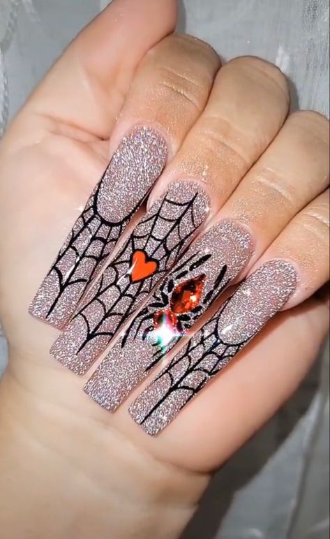 Halloween Nails With Diamonds, Rhinestone Halloween Nails, Spider Nails With Rhinestones, Halloween Bling Nails, Glitter Spiderweb Nails, Black And Silver Halloween Nails, Bling Halloween Nails, Halloween Nails With Rhinestones, Diamond Spider Nails