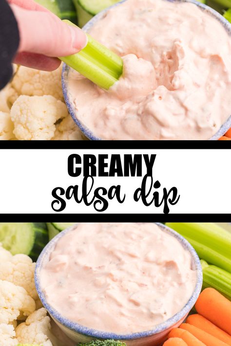 Two image collage of creamy salsa dip. First image shows a celery stick being dipped into the dip. Second image shows a bowl of dip surrounded by fresh veggies. Mexican Veggie Dip, Creamy Salsa Dip, Taco Tuesday Appetizers, Vegan Mexican Appetizers, Mexican Dip For Veggies, Veggie Dip Healthy, Mexicorn Dip, Veggie Dips, Veggie Dip Recipe Sour Cream