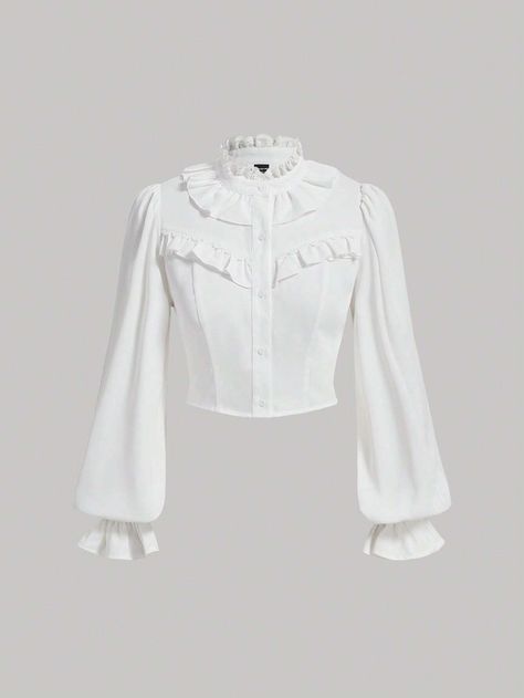 SHEIN MOD Ruffle Trim Flounce Sleeve Crop Blouse | SHEIN EUQS White Puffy Sleeve Top, Puffy Sleeves Top, Ruffle Shirts Blouses, Puffy Shirt, Puffy Sleeves Blouse, Ruffle Long Sleeve Blouse, White Ruffle Top, Long Sleeve Ruffle Dress, White Ruffle Blouse