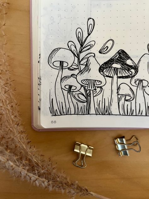 November Drawings Easy, Mushroom Doodle Easy, Mushroom Bujo, November Drawings, November Weekly Spread, Mushroom Bullet Journal, Easy Mushroom Drawing, Year Tracker, Mushroom Doodle