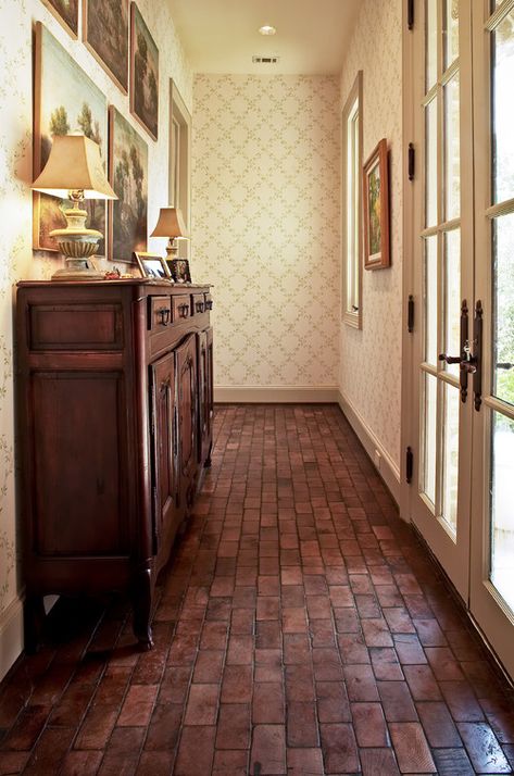 Brick Flooring: Timeless Beauty in the Home - Town & Country Living Brick Floor Kitchen, Country Entryway, Brick Bathroom, Brick Floor, Dining Rug, Brick Flooring, Elegant Dining Room, Brick Patterns, Tile Flooring