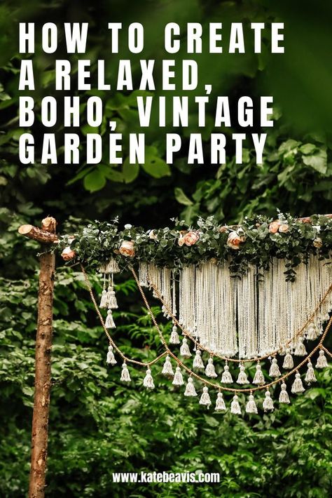 Hosting a garden party? Check out our boho vintage styling for the perfect relaxed garden party vibe #katebeavis Boho Chic Garden Party, Boho Chic Outdoor Party, Garden Boho Party, Vintage Garden Party Ideas, 50th Birthday Garden Party Ideas, Garden Party Photo Booth, Boho Backyard Party, Boho Lawn Party, Boho Theme Party