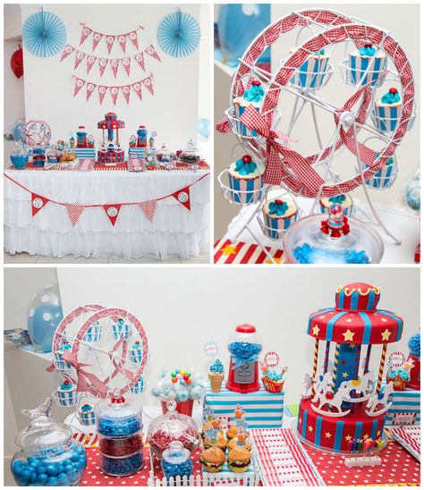 Circus + Carnival themed birthday party via Kara's Party Ideas KarasPartyIdeas.com #circus #carnival #circusparty #firstbirthdayparty (1) Luna Park Party, Carnival Themed Birthday Party, Vintage Carnival Party, Circus 1st Birthdays, Circus Party Decorations, Carousel Party, Carnival Birthday Party Theme, Circus Carnival Party, Themed First Birthday