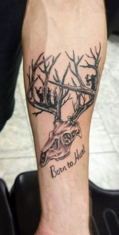 Deer Hunter Tattoo, Hunting Forearm Tattoo Men, Hunting Theme Tattoo, Men Tattoo Ideas Hunting, Deer Hunting Tattoos For Men, Hunting Tattoos For Guys, Deer Tattoo Designs, Hunter Tattoo, Hunting Tattoos