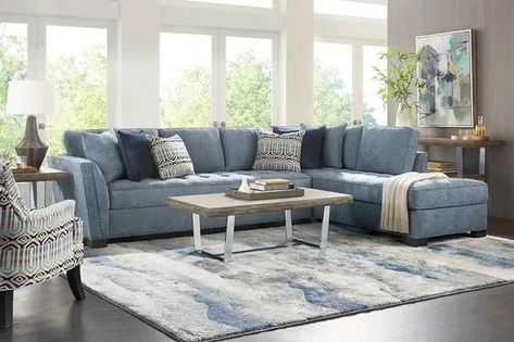 Calvin Heights 2 Pc Right Arm Chaise XL Sectional Southern Family Room, Affordable Sectionals, Coastal Casual Living Room, Dark Wood Floors Living Room, Family Room Sectional, Cuddler Sectional, Cindy Crawford Home, Beach Theme Living Room, Blue Sectional