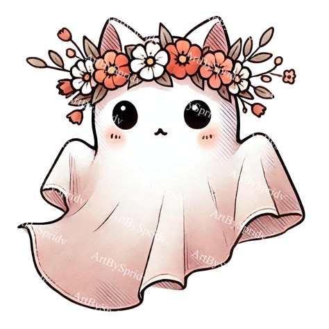 Ghost Witch Drawing, Halloween Animals Drawing, Cat Halloween Drawing, Spooky Cat Drawing, Kawaii Cat Tattoo, Cute Kawaii Eyes, Ghost With Flower Crown, Ghost Drawing Cute, Kawaii Halloween Art