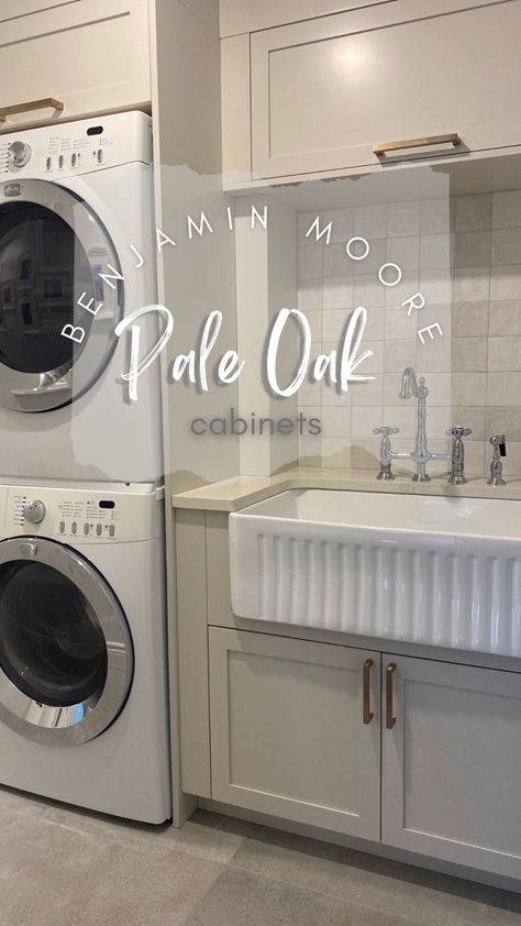 Benjamin Moore Natural Cream Vs Pale Oak, Benjamin Moore Paint Colors Cabinets, Benjamin Moore Greige Cabinets, Grey Cabinets With Brass Hardware, Cabinet Paint Colors Benjamin Moore, Beige Cabinets Laundry Room, Pale Oak Cabinets Kitchen, Pale Oak And Iron Ore, Bm Pale Oak Cabinets