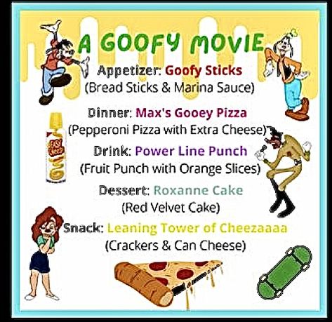 Disney Theme Food Ideas, Themed Family Movie Night Ideas, Movie Night Dinner Ideas Kids, Disney Dinner Ideas, Disney Meals From Movies, Themed Movie Nights For Kids, Disney Themed Dinner, Movie Food Ideas, Themes Dinner Nights