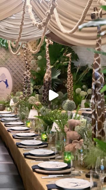 Celiodesign on Instagram: "We did it again…Created this incredible display with lots of unique accents. Absolutely love the final look . Together with @everlyroseevents  panel wall @revelryeventdesign ." Jungle Theme Table Setting, Jungle Tablescape, Jungle Table Decorations, Safari Tablescape, Safari Table Setting, Diy Safari Decorations, Safari Theme Birthday Party, Its Christmas Eve, Adventure Baby Shower