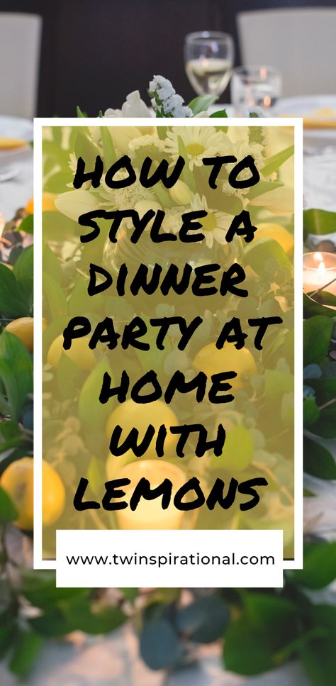 How to style a dinner party at home with lemons? When life gives you gives lemons, throw a lemon-themed dinner party! Here's you party guide for a lemon party. You can use the lemons in the recipes, cocktails and decorations. We have limoncello-tini, lemon bruschetta, crab cakes with lemon aioli, grilled chicken with lemon and blueberry lemon wanna cotta. Head over to the blog and make these easy lemon recipes for your next dinner. #lemons #lemondinner Lemon Table Setting Ideas, Lemon Themed Table Settings, Lemon Themed Outdoor Party, Lemon Table Setting, Lemon Dinner Party, Lemon Party Theme Decorations, Lemon Theme Dinner Party, Lemon Party Ideas, Rustic Lemon Theme Party