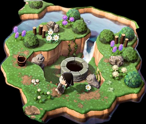 Real Or Fake Art Animal Crossing, Animal Crossing Island Design Layout, Acnh River Design, Villager Houses Acnh Layout, Acnh Well Idea, Acnh Villager Garden Ideas, Animal Crossing Sunken Waterfall, Fountain Acnh Ideas, Island Filler Ideas Acnh