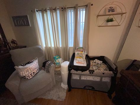 Living Room Set Up For Newborn, Sharing Room With Baby, Newborn Set Up In Parents Room, Sharing Room With Newborn, Newborn Room, Baby Storage, Parents Room, Shared Bedroom, Newborn Sets