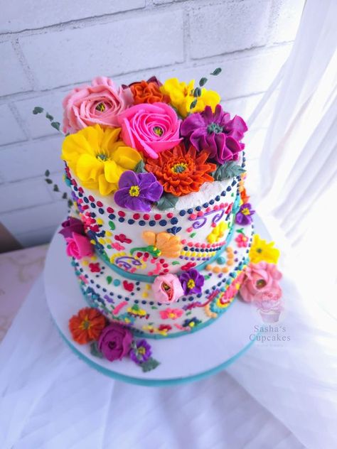 Sasha's CupCakes Mexican Theme Birthday Cake, Fiesta Cake Ideas, Mexican Fiesta Cake, Fiesta Cake, 2 Tier Cake, Mexican Birthday, Tier Cake, Floral Cake, 5 Hours