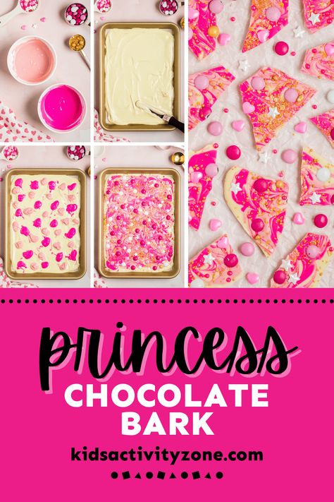 Throwing a princess themed party? Have a daughter that wants to get into the kitchen? This quick and easy Princess Chocolate Bark is the answer for either or just a fun treat to make! Princess Party Snacks, Princess Snacks, White Chocolate Bark Recipes, Rainbow Popsicles, Homemade Gummies, Princess Food, Easy Kid Activities, White Chocolate Bark, Chocolate Bark Recipe