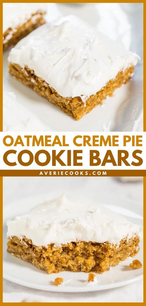 Iced Oatmeal Cookie Bars (Little Debbie Copycat!) - Averie Cooks Oatmeal Cream Cookies, Oatmeal Cookie Bars Recipes, Blondies Recipes, Oatmeal Creme Pies, Chewy Bars, Easy Impressive Dessert, Creme Pie, Cake Mix Cookie Bars, Oatmeal Creme Pie