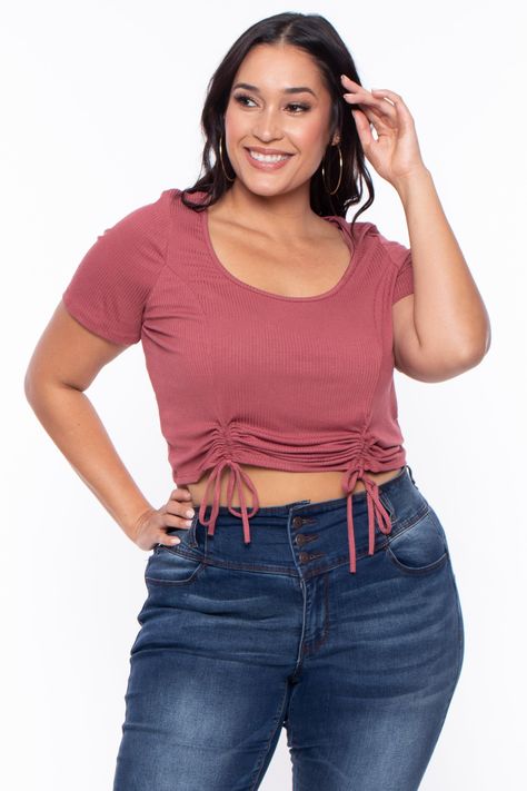 This plus size, stretch top features a crop top with a scoop neckline short sleeves, and front dual ruched hem detail that can be adjusted, this ribbed fabric is very comfy MADE IN USA Content + Care 95% Rayon And 5% Spandex Machine Wash Cold Model Measurement Wearing a Size 1X Height: 5'7" Bust: 39" Waist: 33" Hip: 45.5" Inseam: 31 Plus Size Crop Top Outfit, Plus Size Crop Tops, Women Crop Top, Affordable Plus Size Clothing, Plus Size Brands, Crop Top Outfits, Ribbed Crop Top, Stretch Top, Stylish Plus