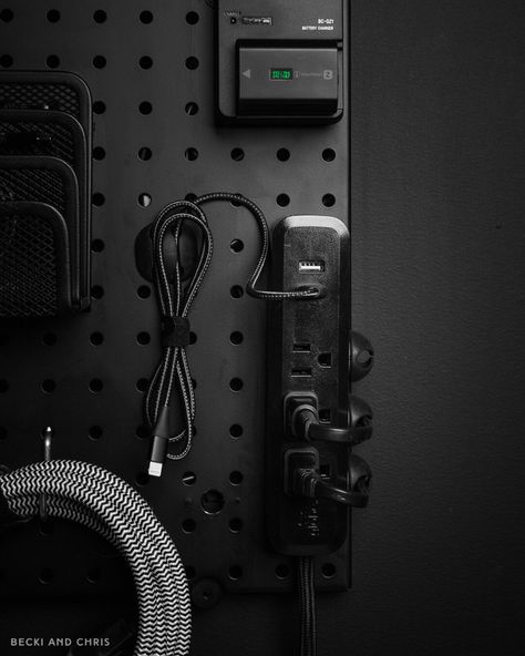 DIY Matte Black Camera Charging Station — becki and chris Becki And Chris, Pegboard Charging Station, Charging Station Ideas Bedroom, Camera Display Ideas, Photographer Workspace, Camera Equipment Storage, Photography Gear Storage, Charging Station Ideas, Camera Gear Storage