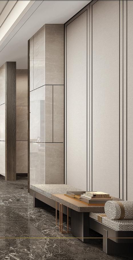 Corridor Seating Design, Corridor Bench, Foyer Seating, Lobby Table, Lobby Furniture, Feature Wall Design, Lobby Interior Design, Cladding Design, Home Hall Design