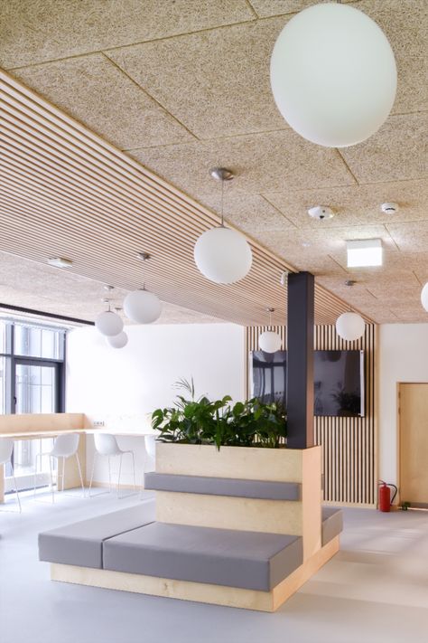 Very cozy and inviting relaxation area in a public space. Natural and sustainable wood wool ceilings ensure a warm and modern interior design. Acoustic ceiling panels from wood wool make the room feel more natural and authentic. Ceilings in the organic wood shade, big lounge chair and sofa, modern round chandeliers, and barcode design elements in the ceilings. Wood Panel Ceiling Office, Restaurant Ceiling Ideas, Curved Ceiling Design, Wood Wool Panels, Classroom Ceiling, Wood Ceiling Panels, Acoustic Ceiling Panels, Acoustic Ceiling, Basement Ceiling