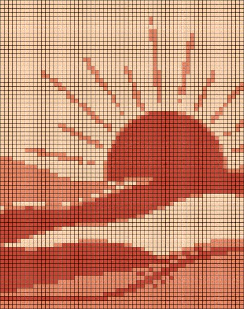 Alpha pattern #170768 Sunset Tapestry Crochet, Sun Tapestry Crochet, Sunrise Cross Stitch, Tapestry Grid Patterns, Big Alpha Patterns, Easy Crochet Tapestry, Cute Alpha Patterns, Pixel Crochet Pattern, Alpha Pattern Crochet