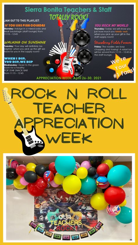 This year for teacher appreciation week, we decided on a Rock n’ Roll theme and had a lot of fun putting the week together. Our Teachers Rock Teacher Appreciation, Ap Appreciation Week Ideas, Teacher Appreciation Rock Star Theme, Our School Rocks Theme, Decades Teacher Appreciation Week, Rockstar Teacher Appreciation, Teacher Appreciation Themes Ideas, Middle School Teacher Appreciation Week, Back To School Themes For Staff