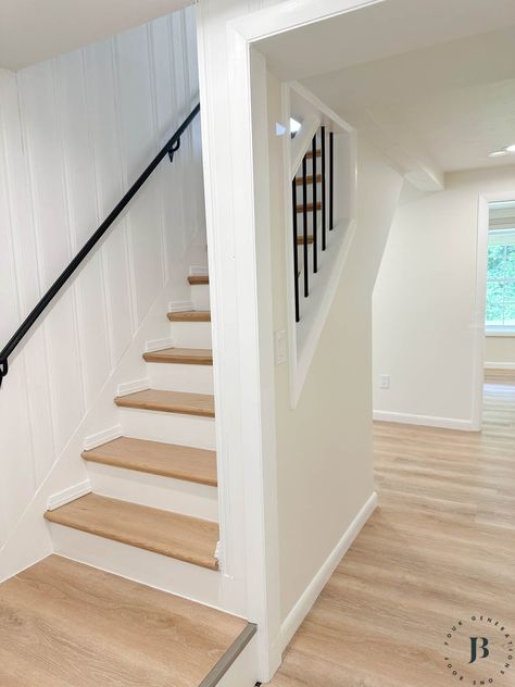 Basement Stair Makeover | Four Generations One Roof Basement Staircase Decor, Diy Basement Steps, Basement Stairs With Landing, Tudor Basement, Basement Under Stairs Ideas, Basement Steps Ideas, Basement Stairs Makeover, Small Ranch House Exterior, New Stair Treads