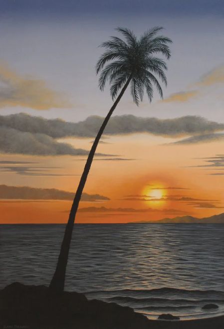 Oil seascape Sunset Painting Tutorial, Tropical Beach Sunset, Beach Sunset Painting, Sunset Over The Ocean, Sunset Seascape, Painting Instructions, Progress Photos, Island Sunset, Beach At Sunset