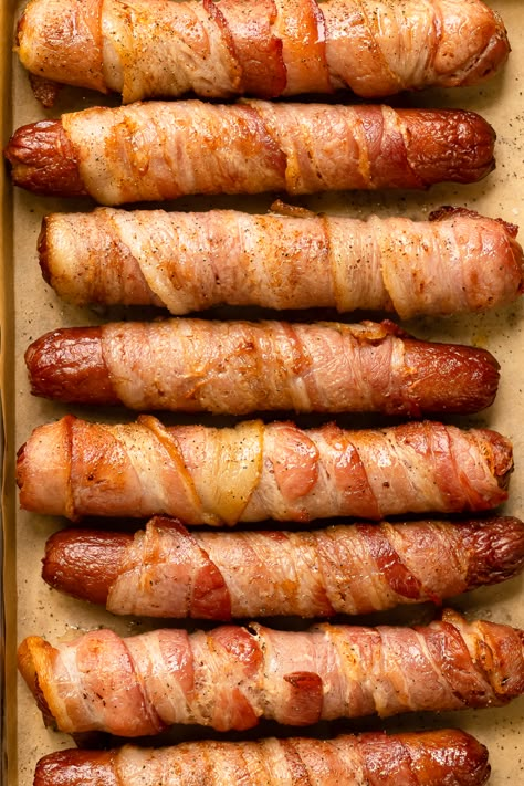 Marinated Hot Dogs Recipes, Recipes Using Hot Dogs, Awesome Sandwiches, Baked Hot Dogs, Bacon Hot Dogs, Bacon Wrapped Sausages, Dogs Recipes, Bacon Wrapped Hotdogs, Bacon Dinner