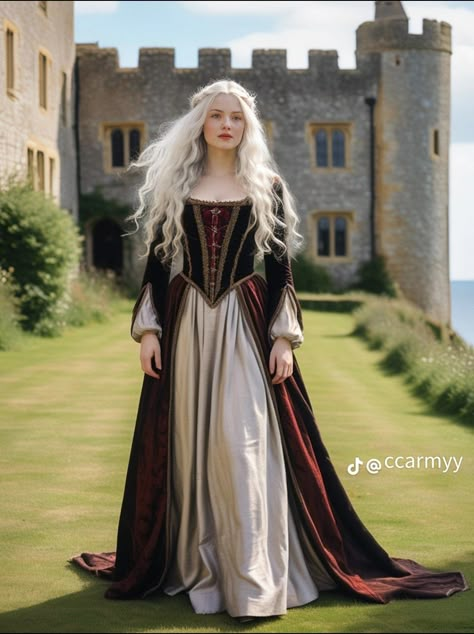 Baratheon Dress, Historical Dresses Medieval, Medieval Ball Gown, Gown Aesthetic, Game Of Thrones Dress, Tudor Dress, Snake Dress, Elven Dress, Long White Hair