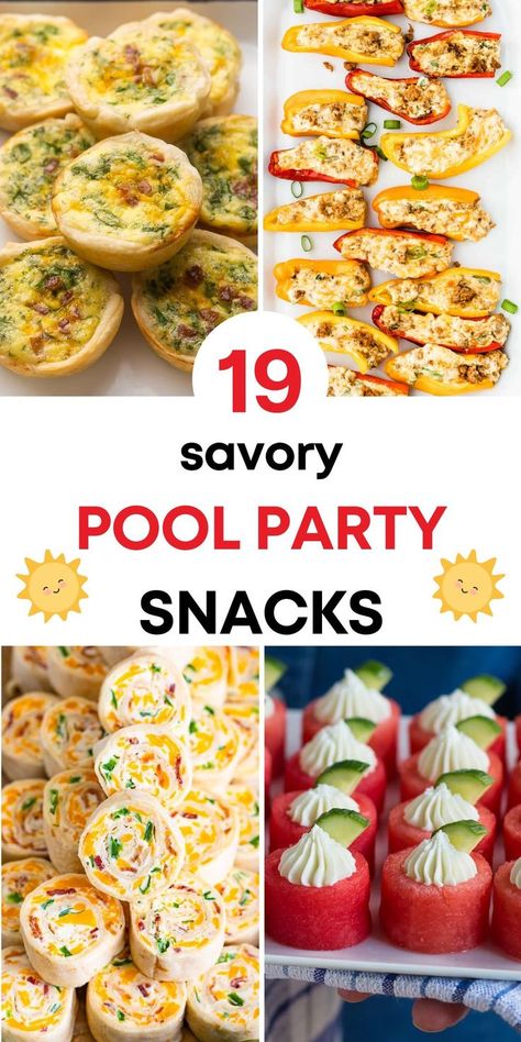 text: "19 savory pool party snacks" and 4 photos of pool party snacks: pinwheels, watermelon appetizer, stuffed peppers, mini quiche Pool Party Food Ideas, Pool Party Snacks, Backyard Bbq Food, Party Food For Adults, Pool Snacks, Savory Snack Recipes, Bbq Appetizers, Pool Party Food, Pool Party Kids