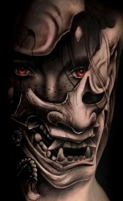 Hannya Maske Tattoo, Tato Irezumi, Tato Geisha, Hannya Maske, Samurai Mask Tattoo, Japanese Mask Tattoo, Samurai Tattoo Sleeve, Shock Mansion, Guerriero Samurai