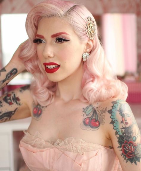 Rockabilly Tattoos, Full Face Of Makeup, Cherry Tattoos, Pin Up Looks, Retro Tattoos, Rockabilly Pin Up, Full Face Makeup, Rockabilly Fashion, Pin Up Style