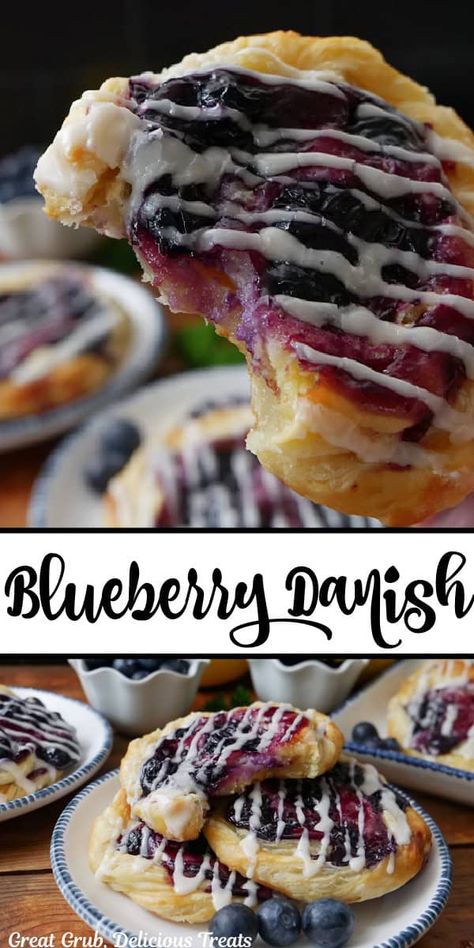 Blueberry Danish is a quick and easy, delicious, blueberry dessert recipe made with fresh juicy blueberries and a cream cheese mixture added to puff pastry, and baked until golden, flaky perfection, and drizzled glaze. Blueberry Danish Recipe Puff Pastries, Blueberry Fritters Recipe, Danish Recipe Puff Pastry, Easy Puff Pastry Desserts, Blueberry Danish, Fresh Blueberry Recipes, Cream Cheese Danish Recipe, Cream Cheese Breakfast, Blueberry Desserts Recipes