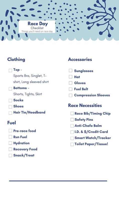 A Race Day Checklist to prevent people from forgetting essentials on race day. Items include running clothes, accessories, running fuel, and race necessities. Marathon Essentials, Half Marathon Training Plan, Race Bibs, Marathon Training Plan, Packing Checklist, Healthy Routine, Compression Sleeves, Half Marathon Training, Tie Headband